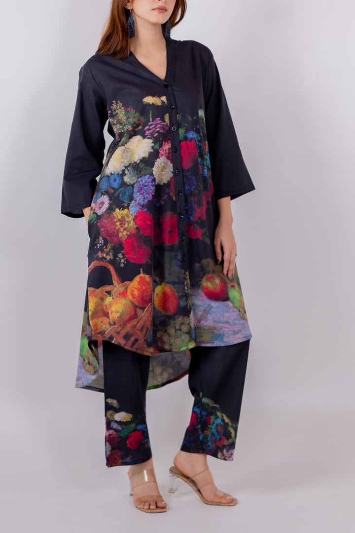 Black Printed Cambric Tunic and Pants Set