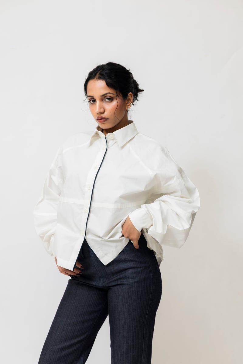 White Oversized Cotton Shirt with Contrast Piping