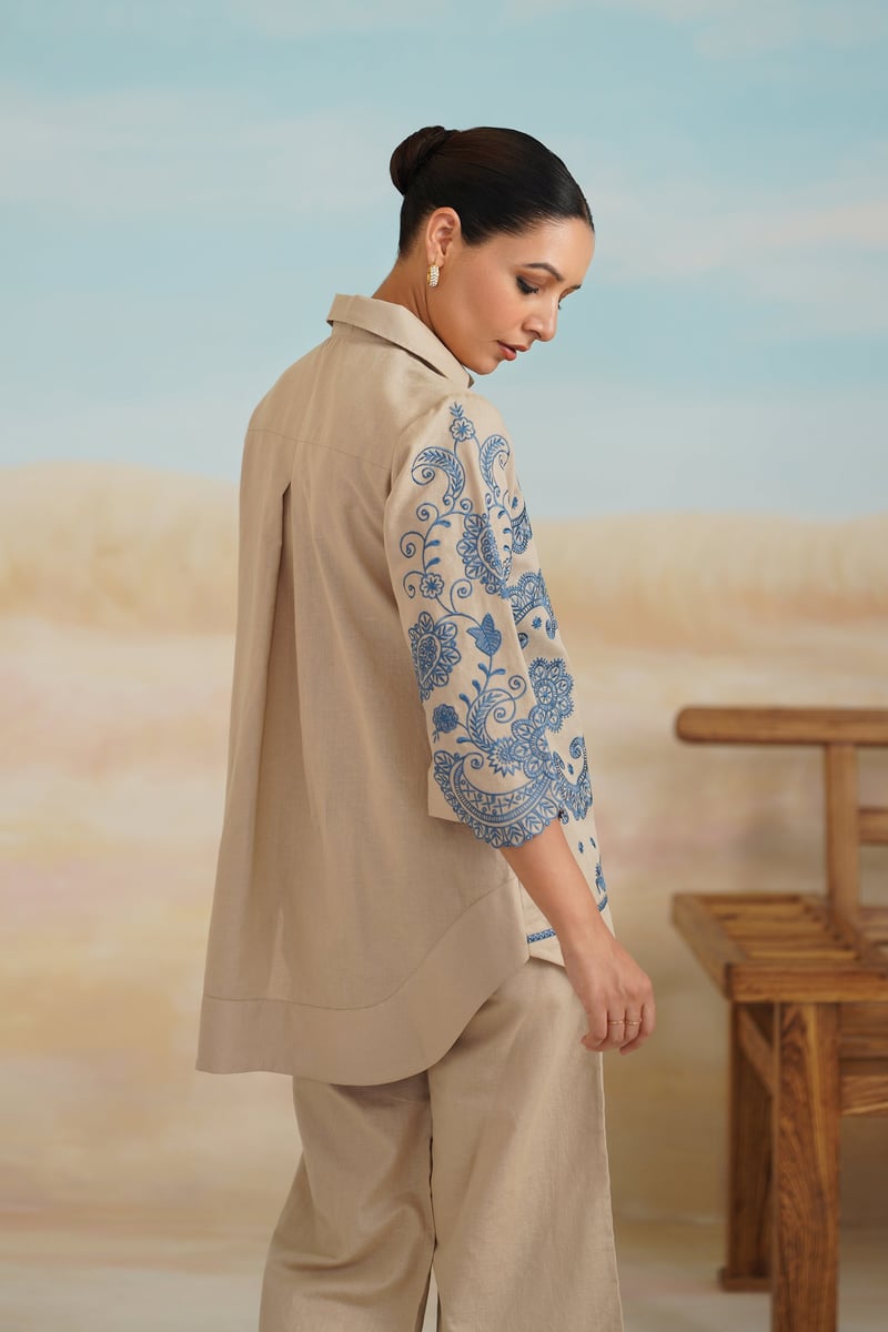 Beige Cotton Linen Embroidered Shirt and Pants Co-ord Set