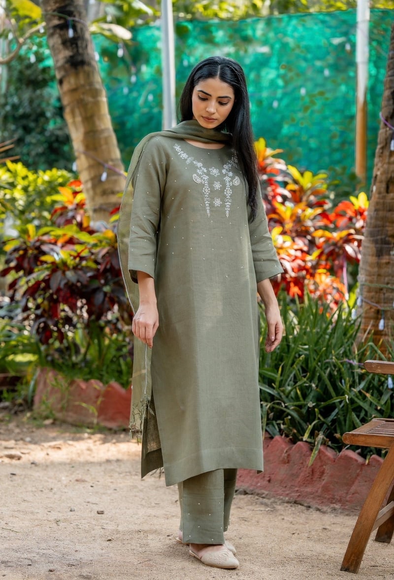Olive Green Linen Straight Kurta Set with Dupatta