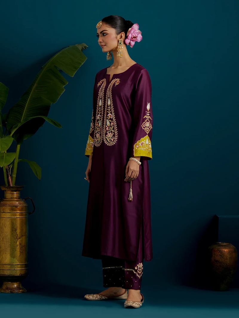 Purple Embroidered Yoke Kurta and Pant Set