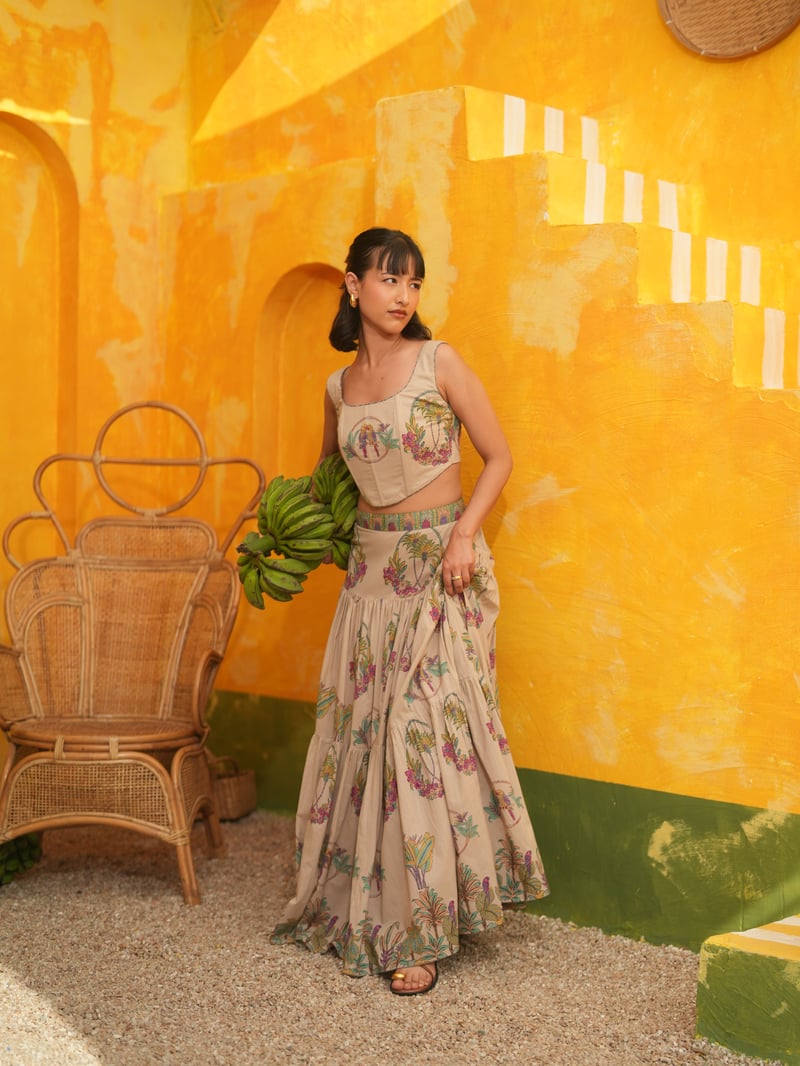 Printed Corset Top and Tiered Maxi Skirt Co-ord Set