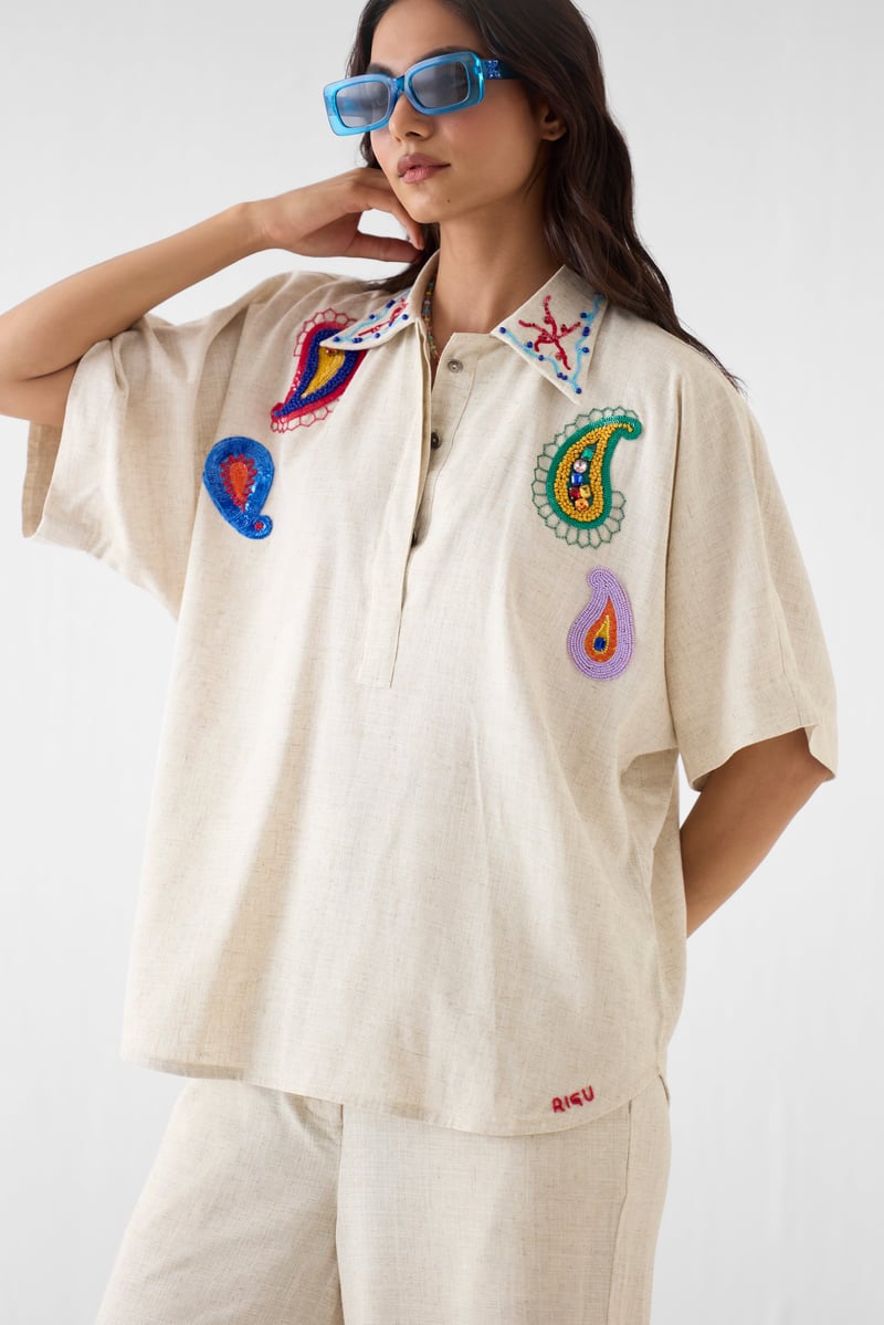 Cream Viscose Linen Shirt and Wide-Leg Trousers Co-ord Set