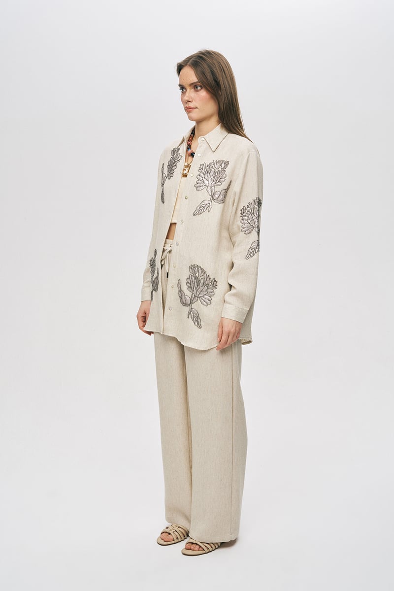 Cream Embellished Shirt and Wide-Leg Pants Co-ord Set
