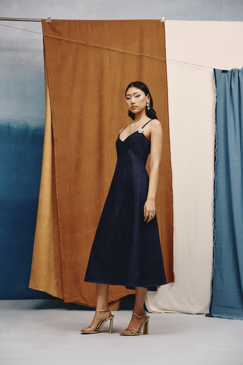 Deep Indigo Denim Corset Fit and Flare Midi Dress