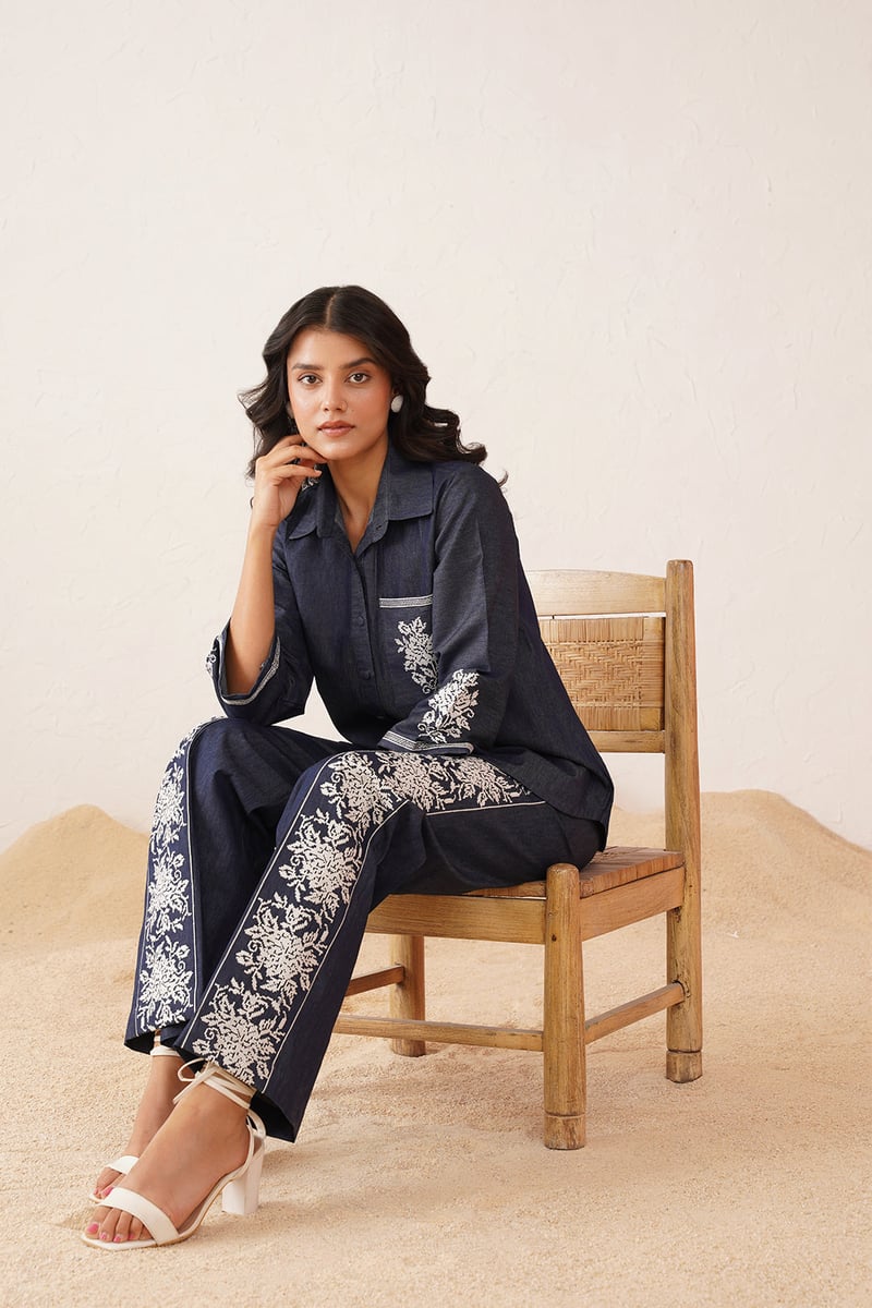 Blue Denim Cross-Stitch Embroidered Co-ord Set
