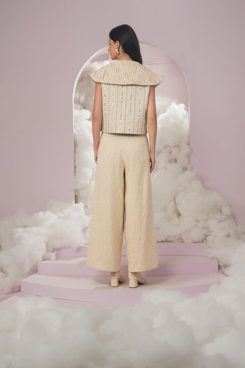 Beige Tweed Sleeveless Double-Breasted Boxy Top