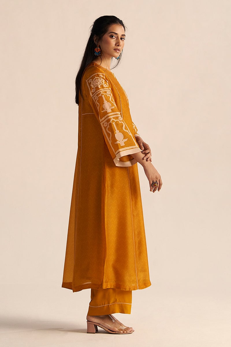 Nugget Yellow Silk Kurta and Wide-Leg Pants Co-ord Set
