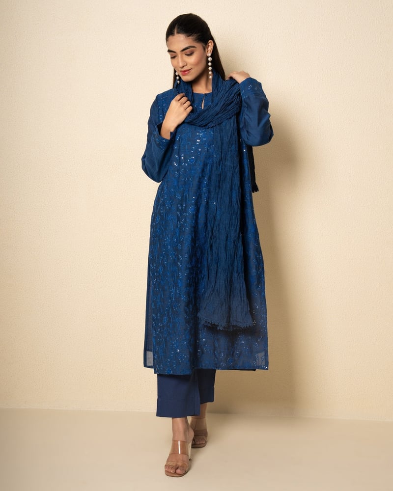 Cobalt Bloom Chanderi Blue Floral Embroidered Suit Set (Set Of 3)