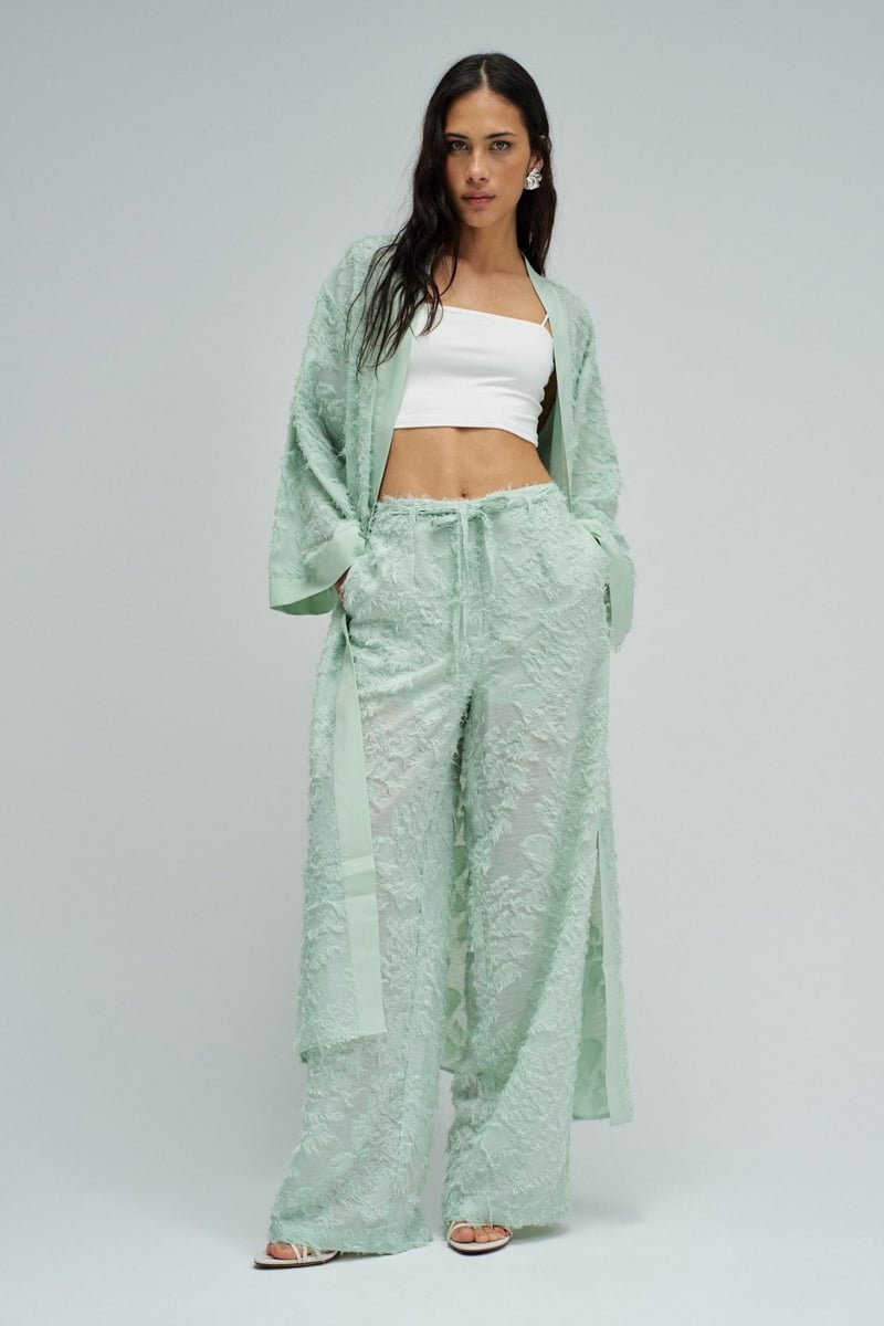 Light Green Textured Wide-Leg Drawstring Trousers
