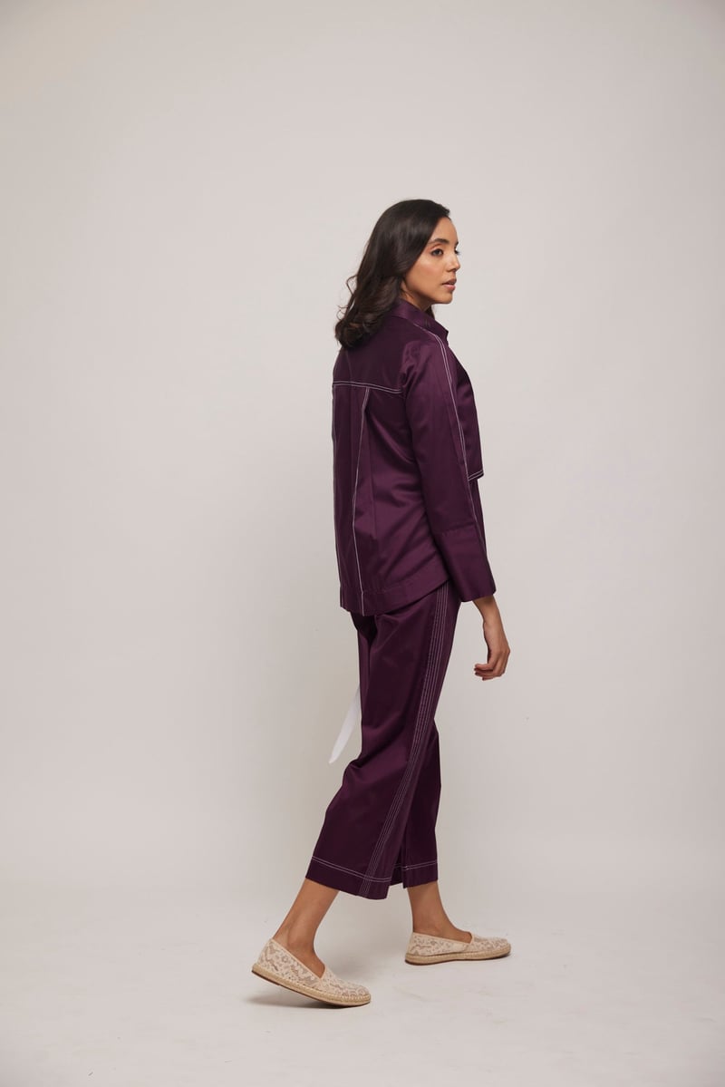 Purple Cotton Satin Shirt and Wide-Leg Pants Co-ord Set