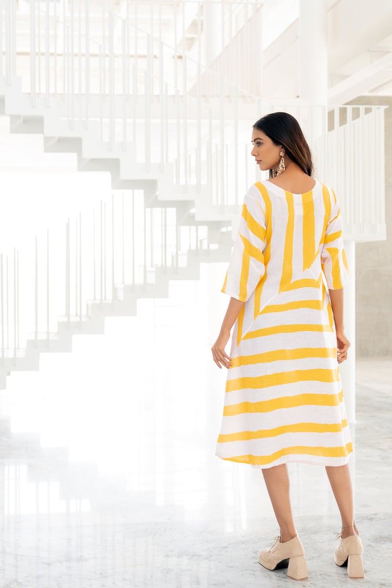 Yellow Striped Linen-Blend Midi Dress with Pockets