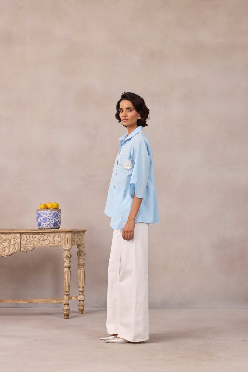 Frost Blue Applique Button-Down Shirt with Wave Hem