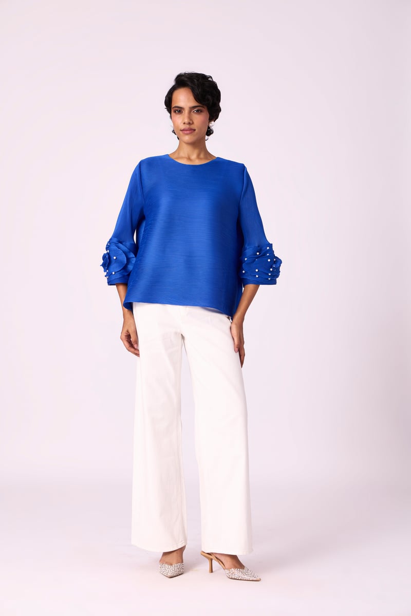 Azure Blue Pleated Top with Pearl Applique Sleeves
