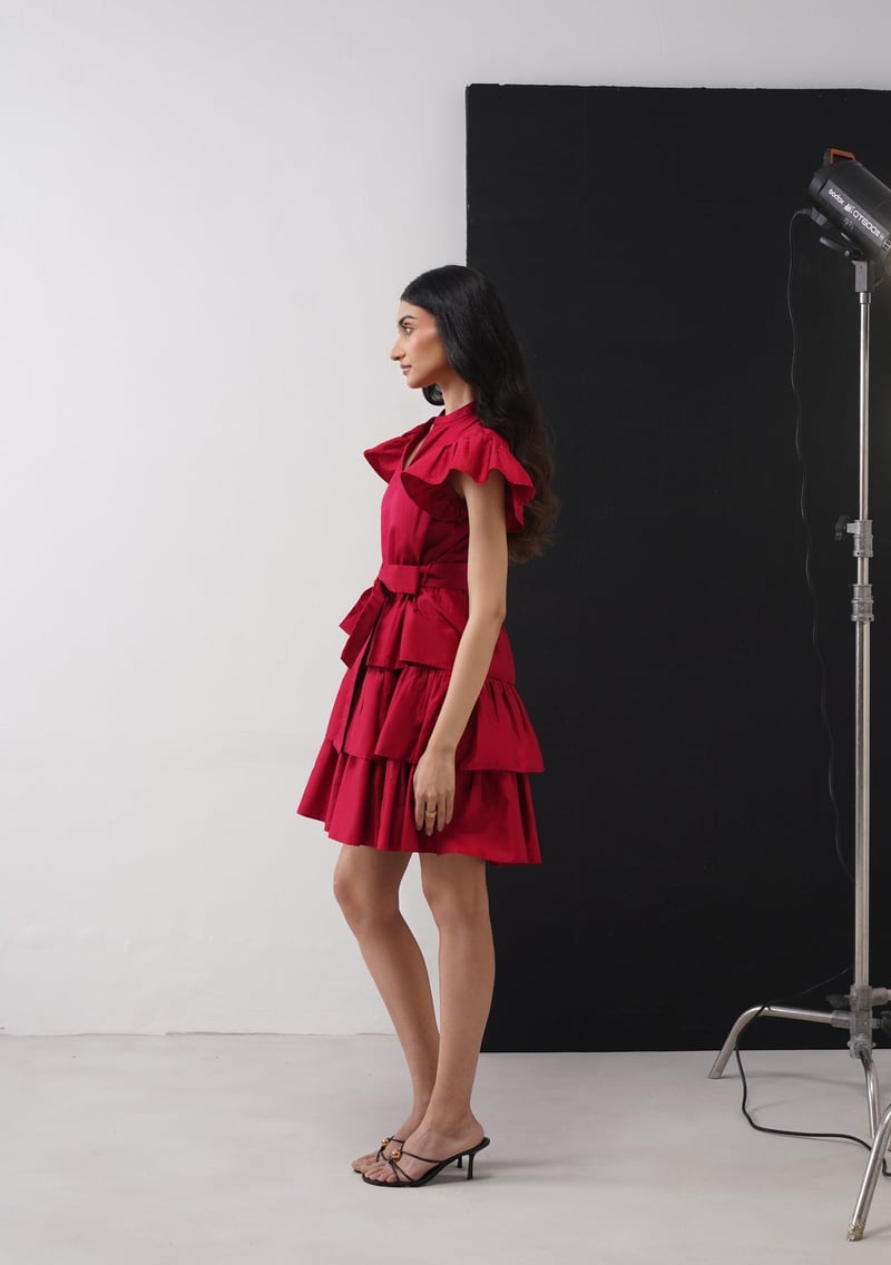 Cherry Red Tiered Mini Dress with Ruffle Sleeves