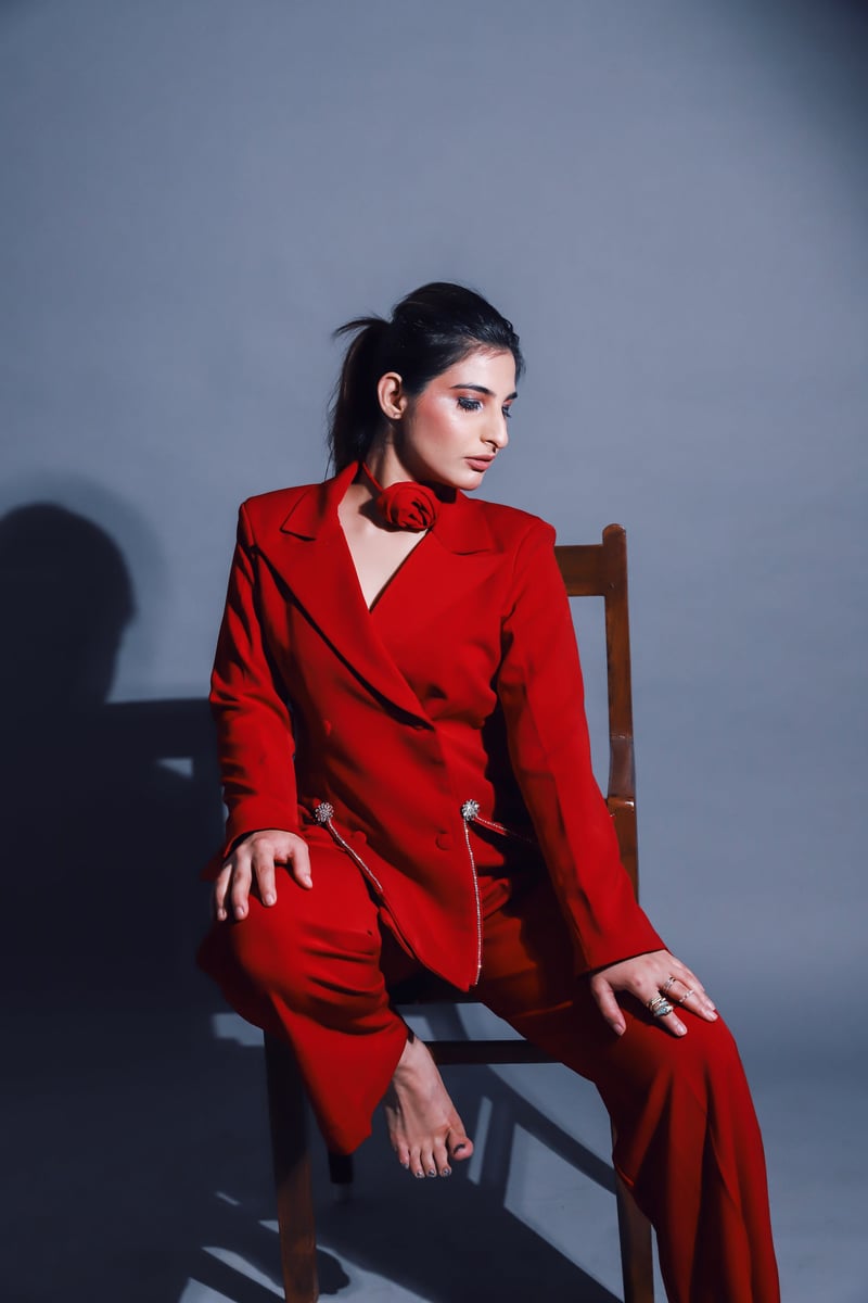 Red Crystal-Detail Blazer and Pants Tailored Set