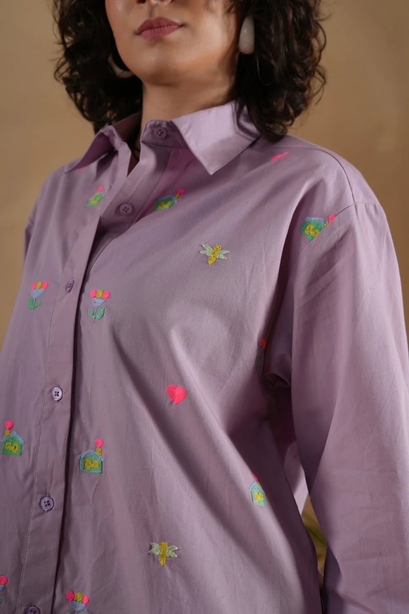 Lilac Oversized Embroidered Cotton Shirt