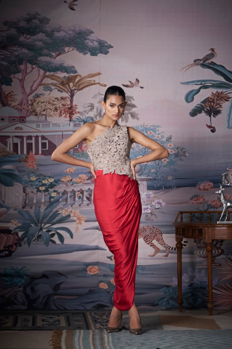 Silver One-Shoulder Embroidered Top and Red Maxi Skirt Set — AMRTA BY GUNEET KONDAL