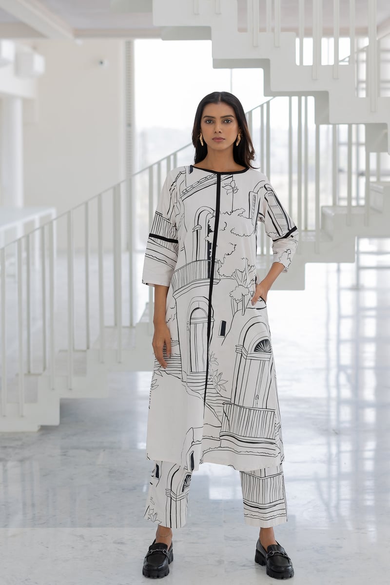 White Monochrome Printed Cotton Poplin Kurta Set