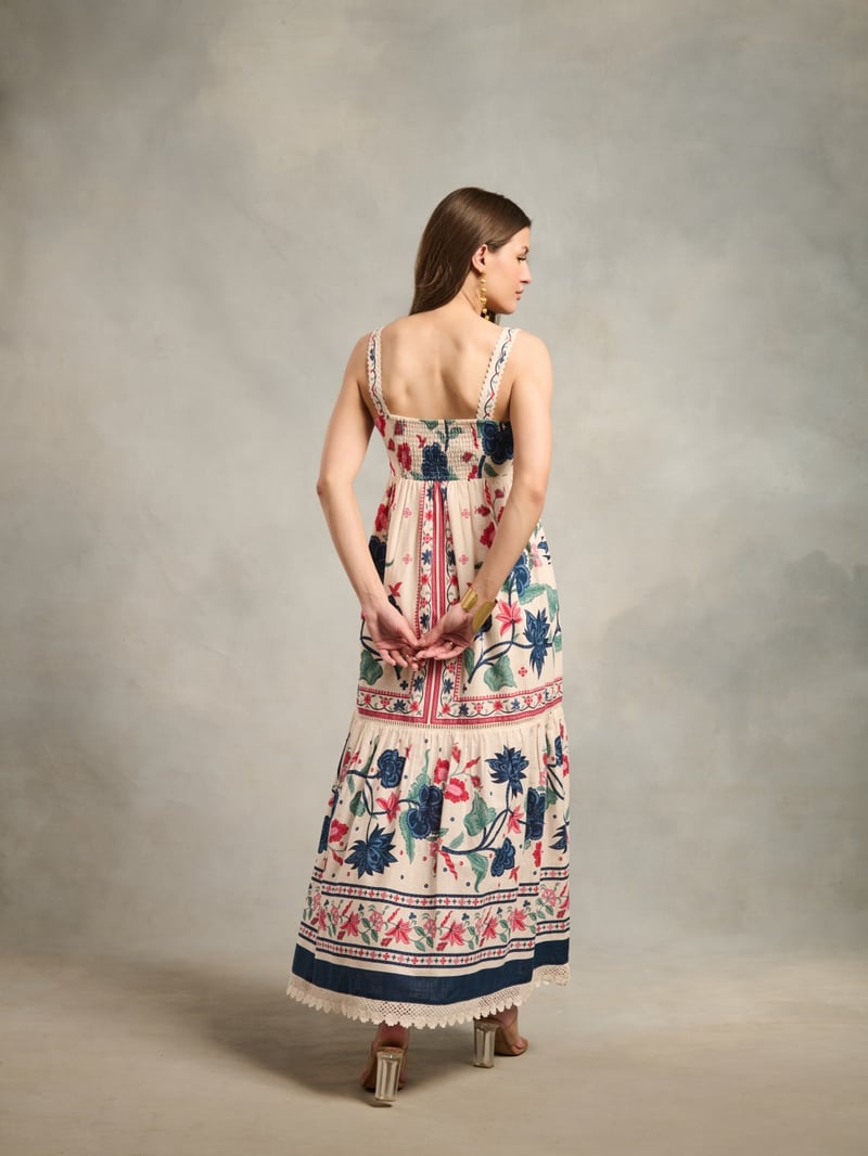 White Floral Printed Cotton Maxi Dress with Lace Trim
