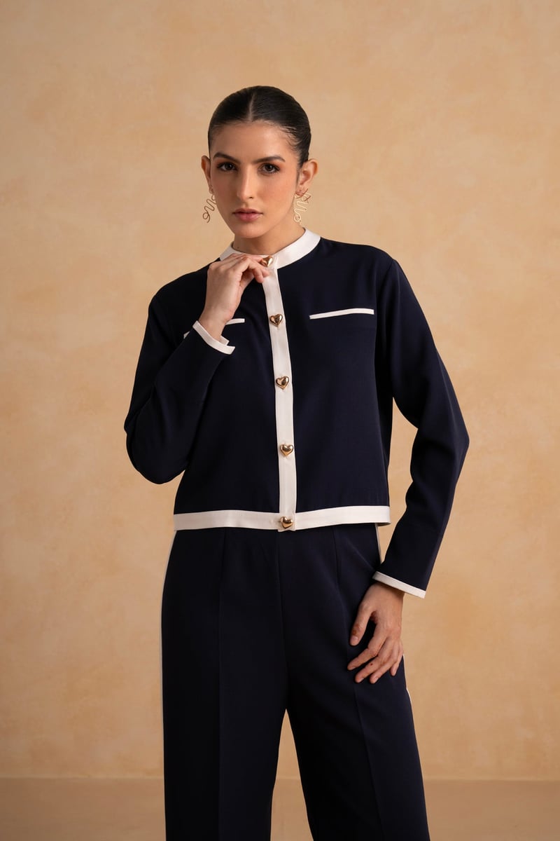 Navy Blue Contrast Trim Co-ord Set with Wide-Leg Pants