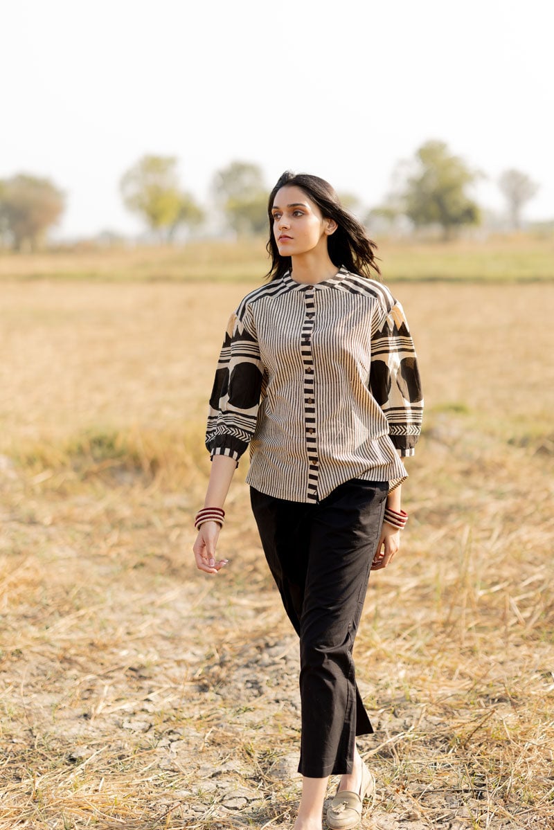Black and Off-White Block Print Cotton Button-Down Top