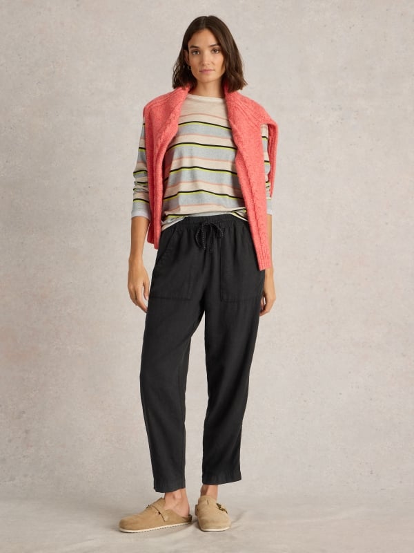 Pure Black Linen Blend Drawstring Tapered Trousers — White Stuff