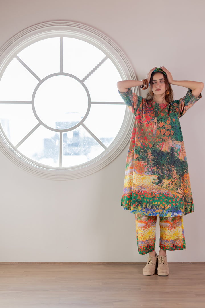 Multicolor Scenic Print Cotton Cambric Kurta Set