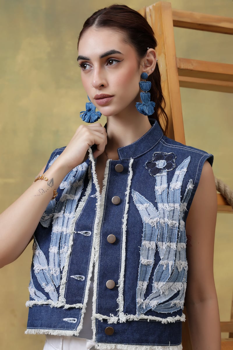Medium Denim Blue Appliqué Cropped Waistcoat
