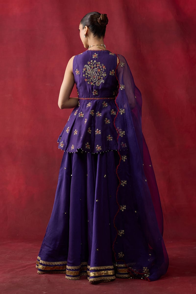 Purple Silk Chanderi Peplum and Sharara Co-ord Set