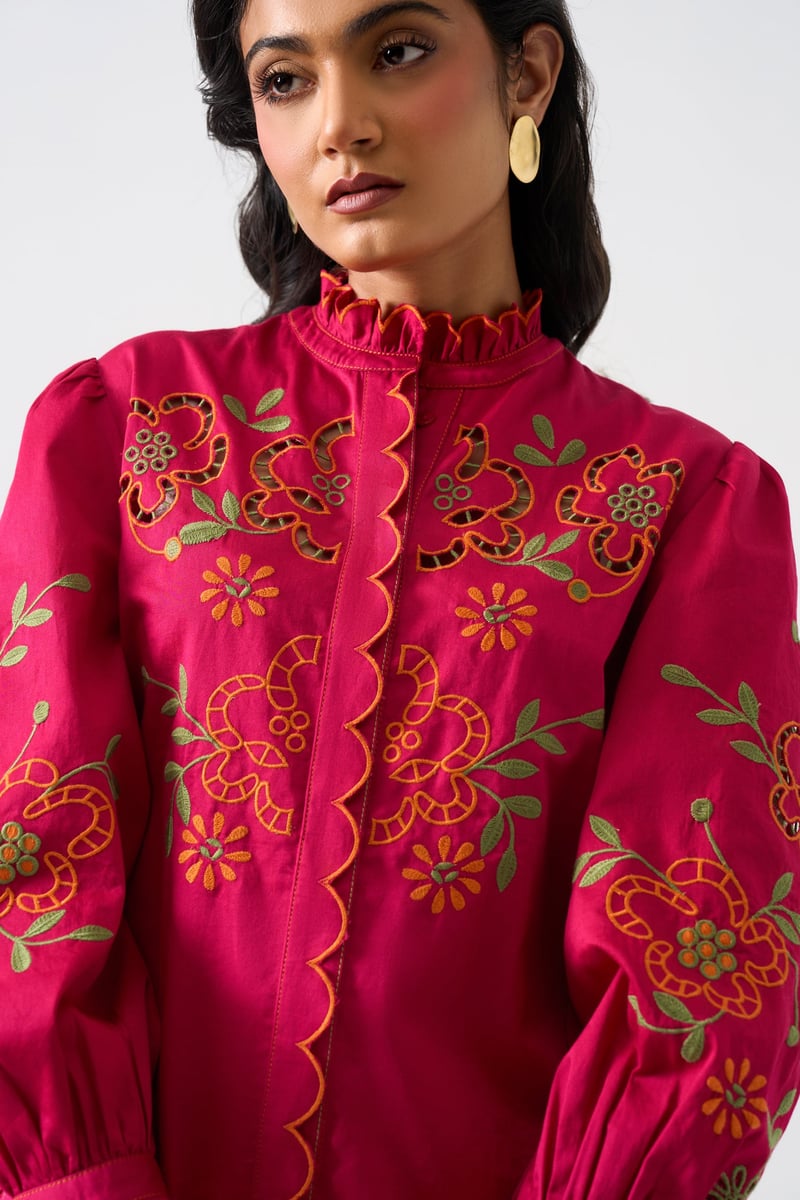 Hot Pink Embroidered Ruffle-Trim Mandarin Collar Shirt
