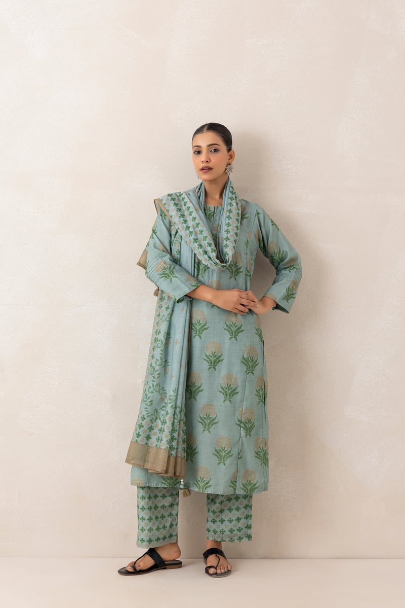 Blue and Beige Floral Print Straight Kurta Set with Dupatta