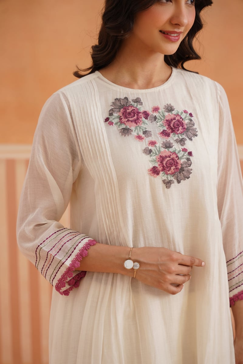 Off-White Mul Chanderi Embroidered Pintuck Kurta Set