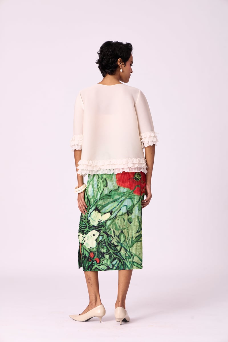 Ivory Pleated A-Line Top with Organza Scallop Hem