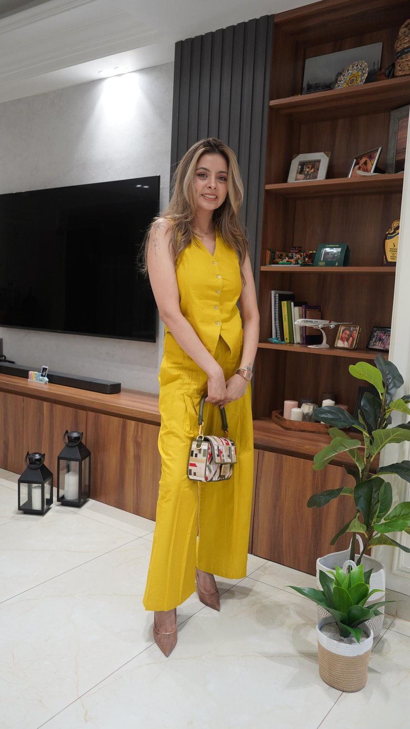 Mustard Waistcoat and Wide-Leg Pants Co-ord Set