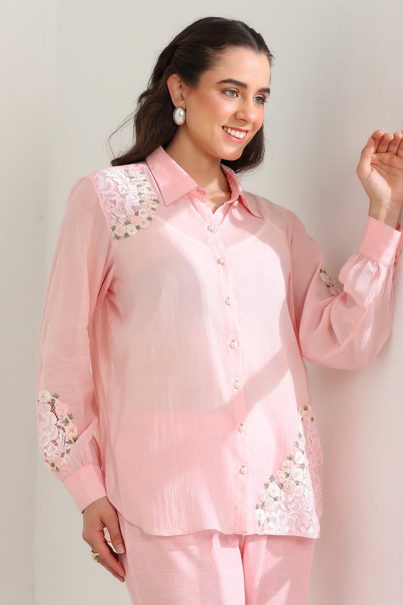 Pink Rose Garden Hand Embroidered French Lace Mul Linen Co-Ord Set