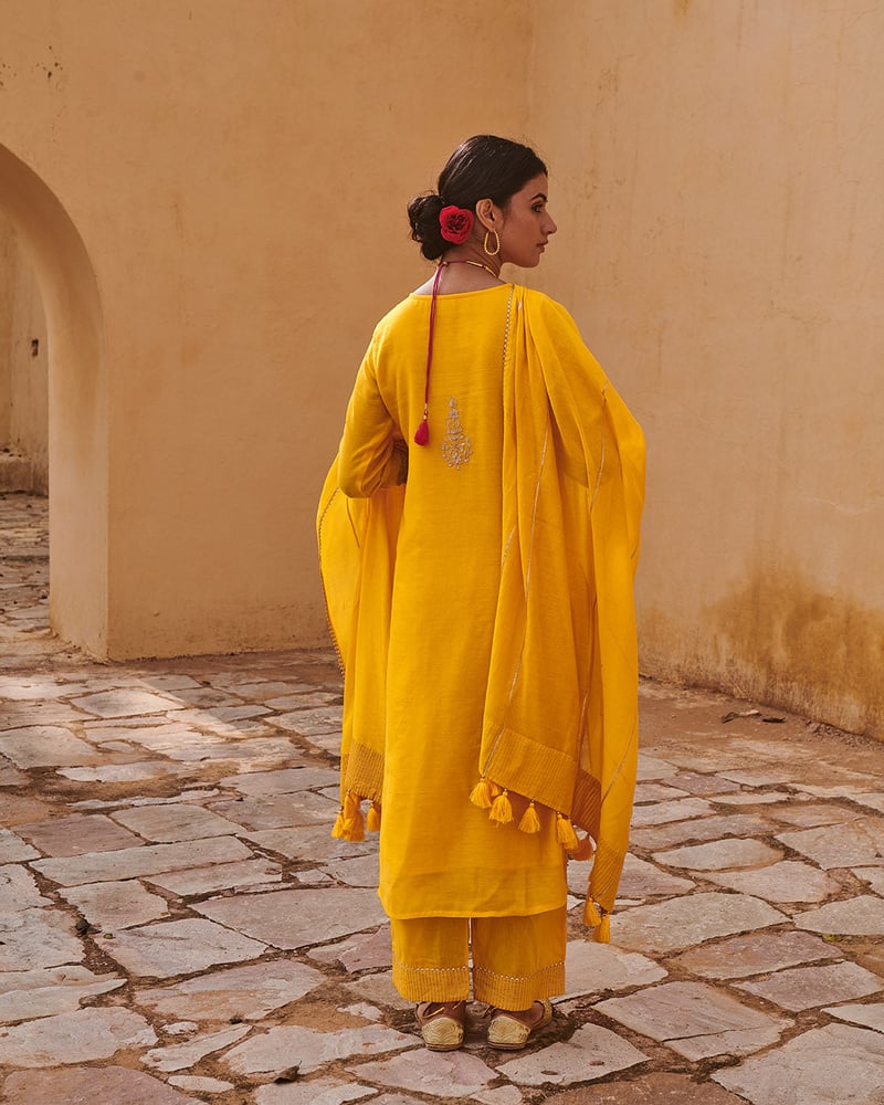 Mustard Bloom Gota Work Chanderi Festive Suit Set
