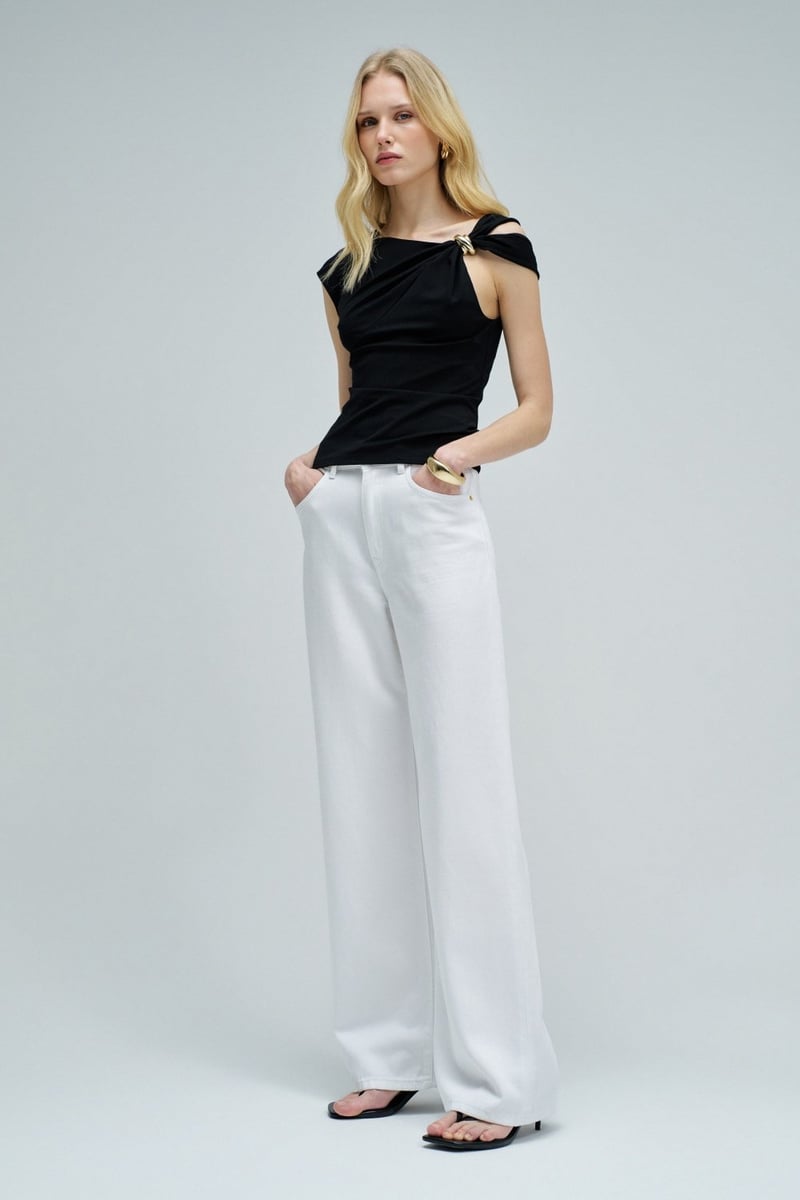 Black One-Shoulder Draped Top with Hardware Ring Detail