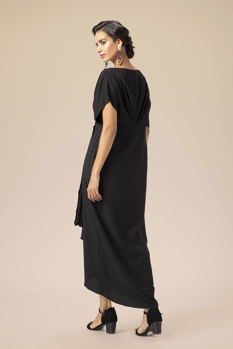 Black Moss Crepe Embroidered Drape Maxi Dress