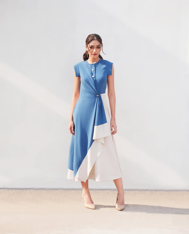 Prussian Blue and Ecru Colorblocked Midi Dress