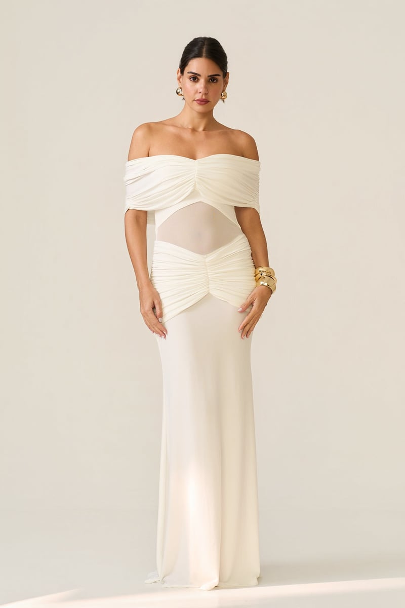 Ivory Off-Shoulder Ruched Maxi Gown with Sheer Waist — LABEL FROW