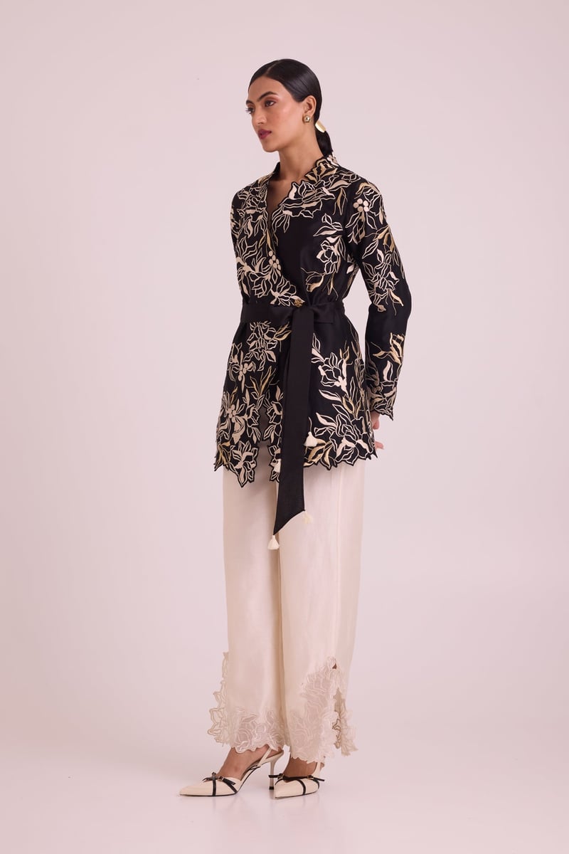 Black Wrap Blazer and Ivory Wide-Leg Pants Co-ord Set
