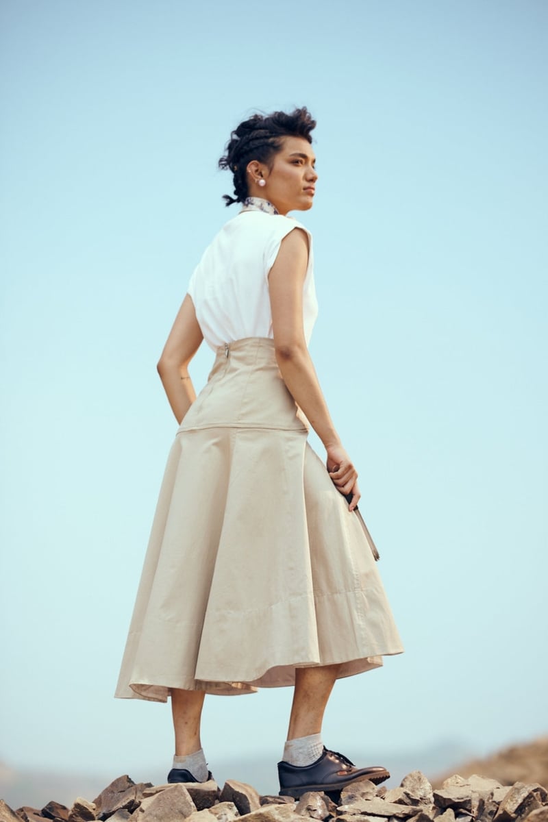 Tan High-Waist High-Low Midi Cotton Twill Skirt