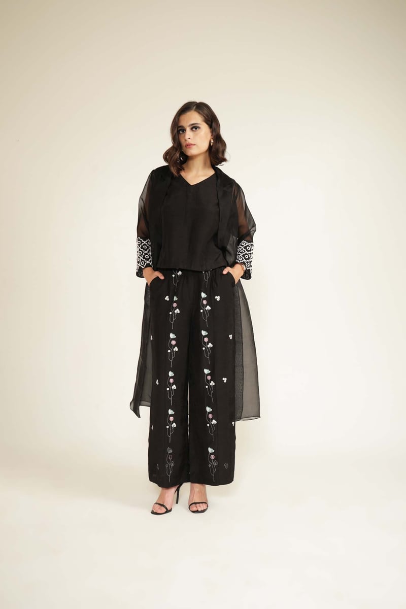 Black Organza Jacket, Top and Wide-Leg Pants Co-ord Set