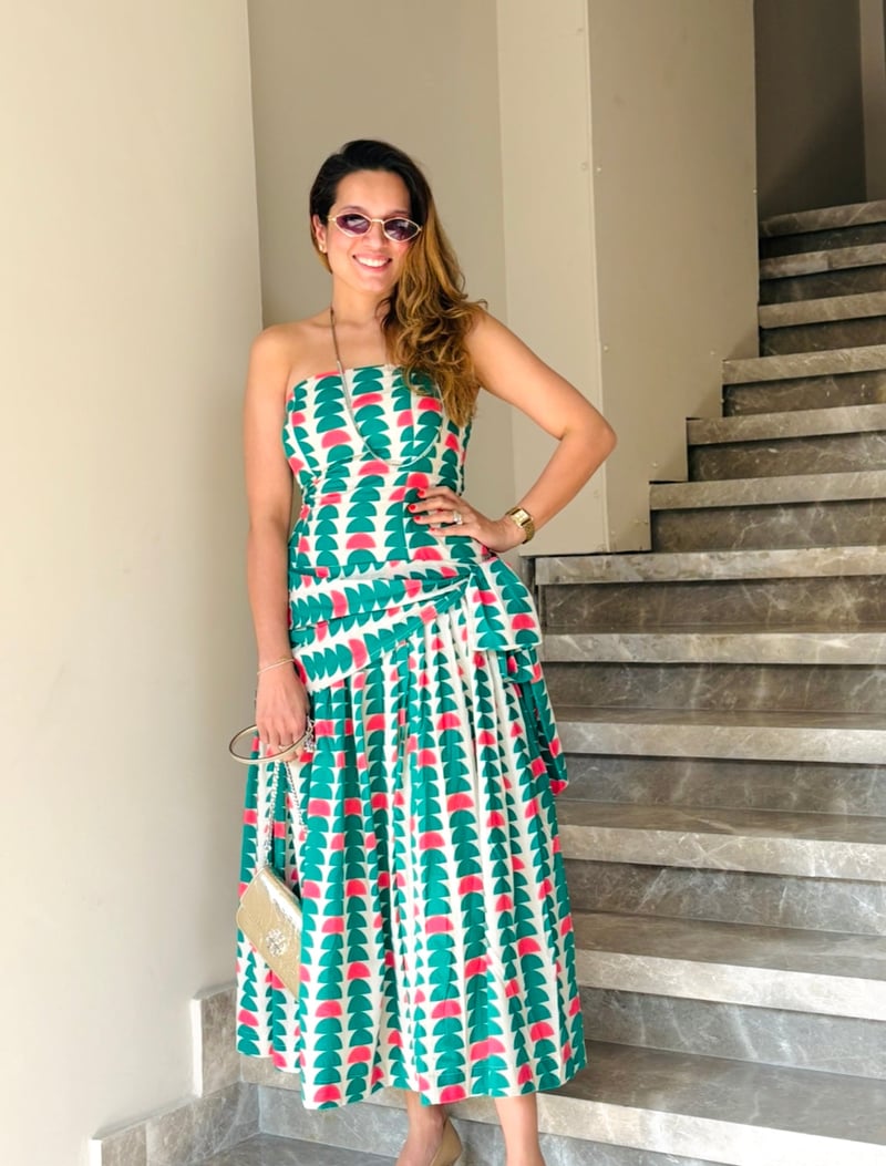 Green Printed Bandeau Fit and Flare Midi Dress