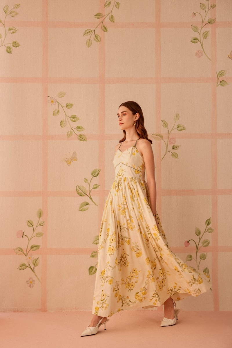 Butter Yellow Floral Sweetheart Maxi Dress