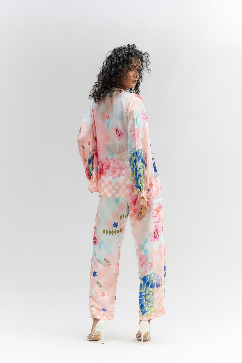 Multi Coloured Silk Abstract Floral Printed Pants