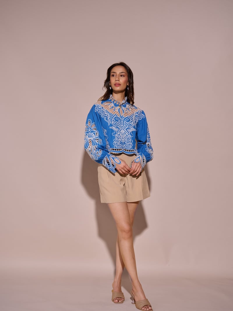 Blue Cotton Cutwork Embroidered Crop Top