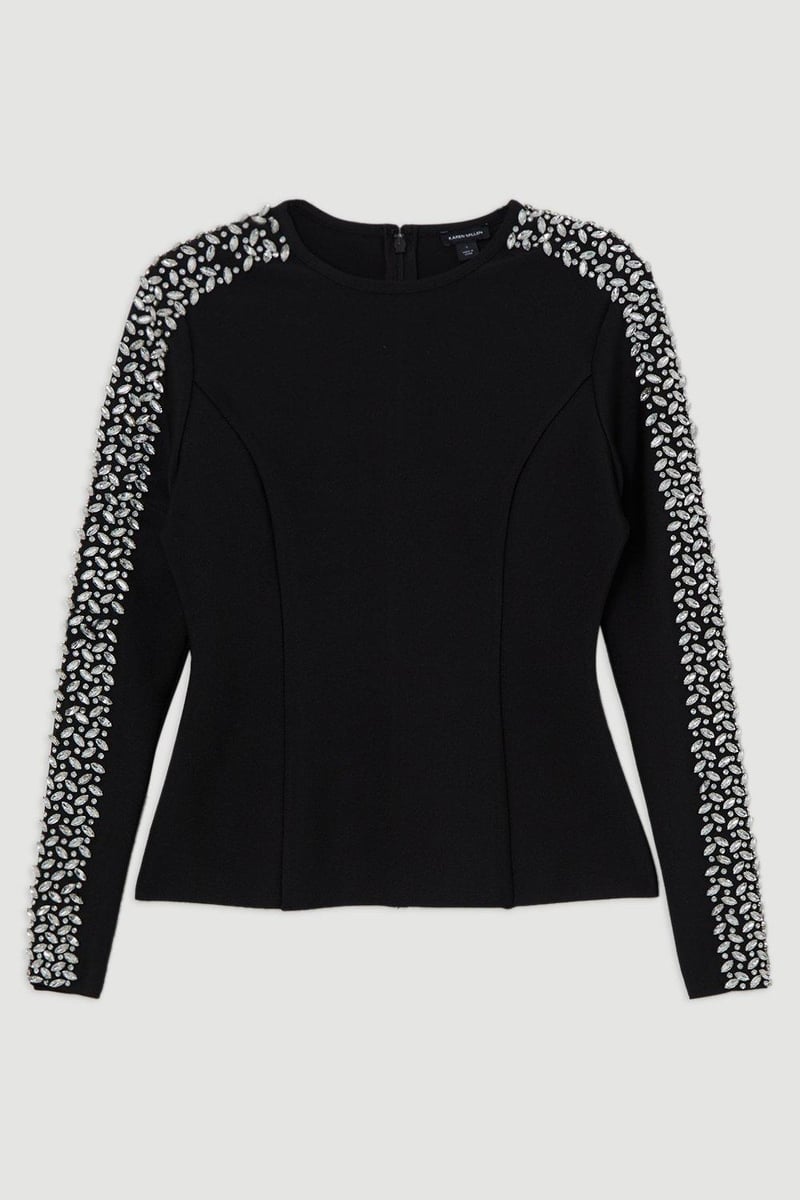 Black Bandage Knit Crystal-Embellished Sleeve Top
