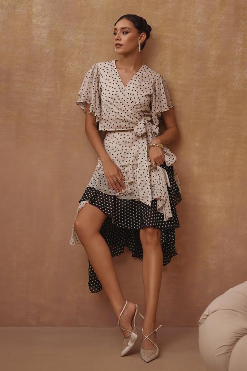 Monochrome Polka Dot Wrap Blouse and Tiered Midi Skirt Set